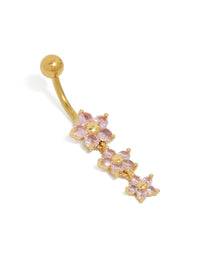 Gold Plated Surgical Steel Cubic Zirconia Pink Triple Flower Belly Bar - link has visual effect only