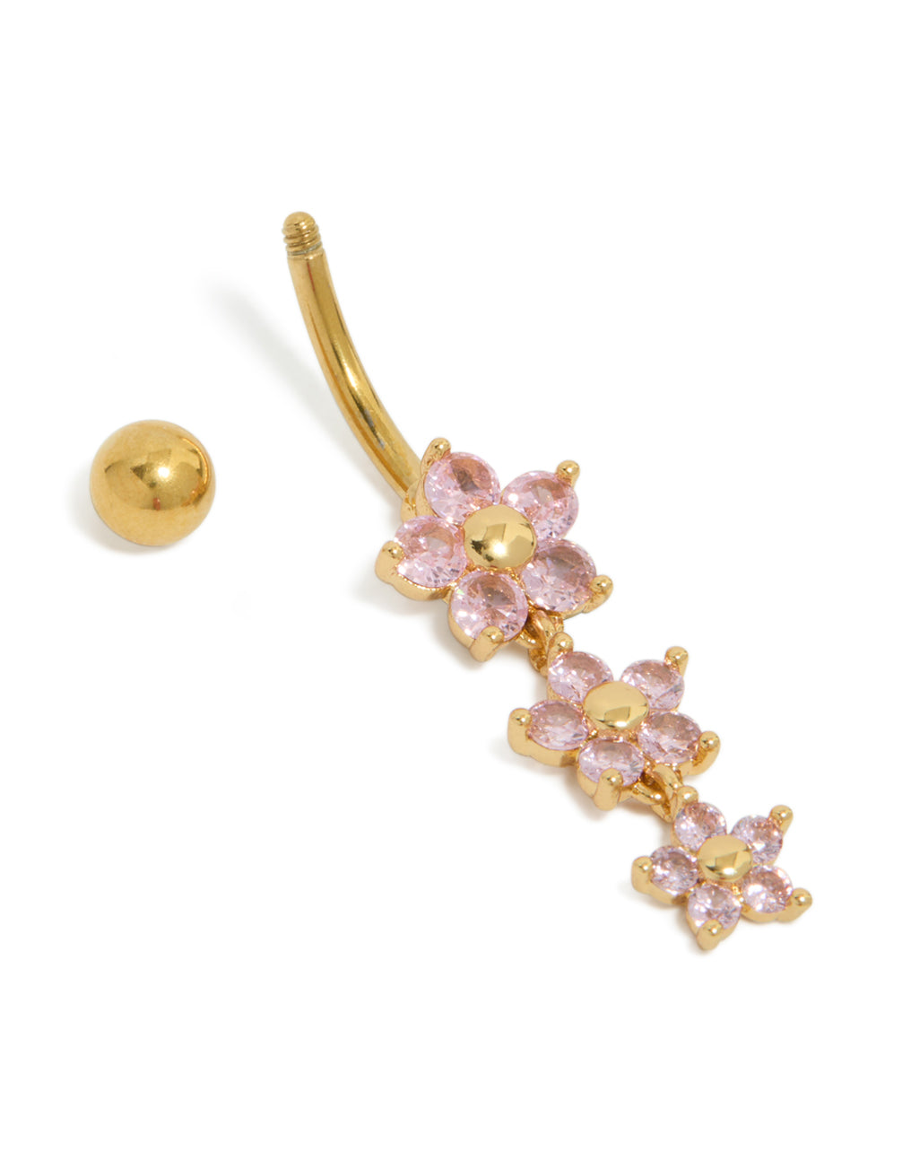 Presenting a triple flower belly bar crafted from gold plated surgical steel with cubic zirconia accents and removable ball closure detail view
