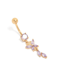 Showcasing a butterfly charm belly bar, crafted from gold plated surgical steel featuring purple cubic zirconia front view - link has visual effect only