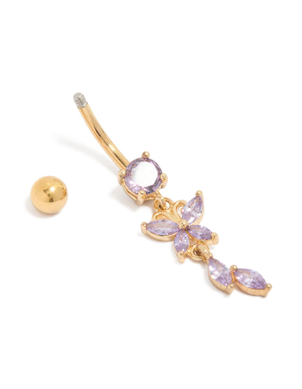 Designed with butterfly charm belly bar in gold plated surgical steel with purple cubic zirconia detail view
