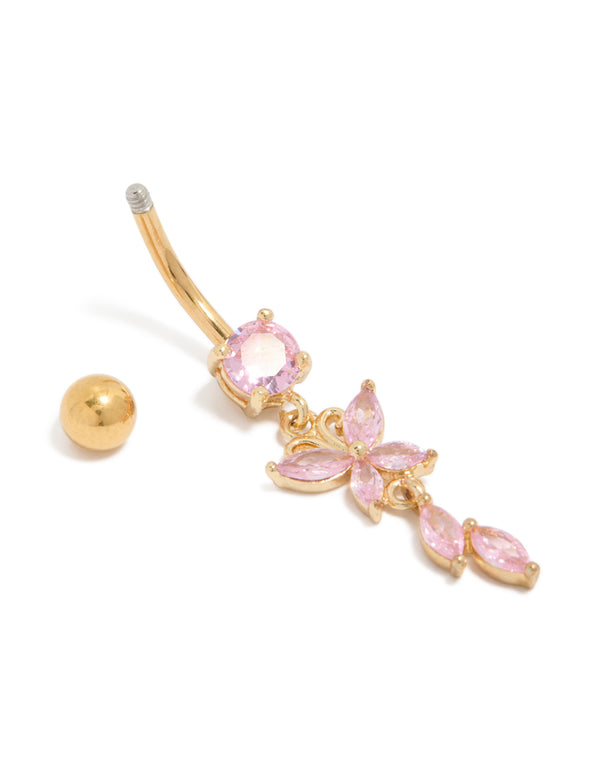 Showcasing butterfly charm designed with surgical steel and gold plated cubic zirconia in pink belly bar detail view