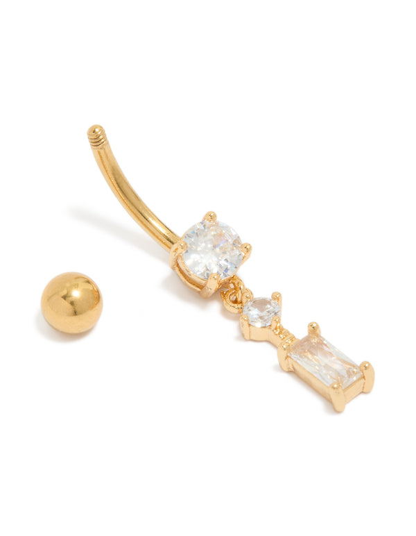 Showcasing belly bar with charm in cubic zirconia surgical steel gold plated detail view