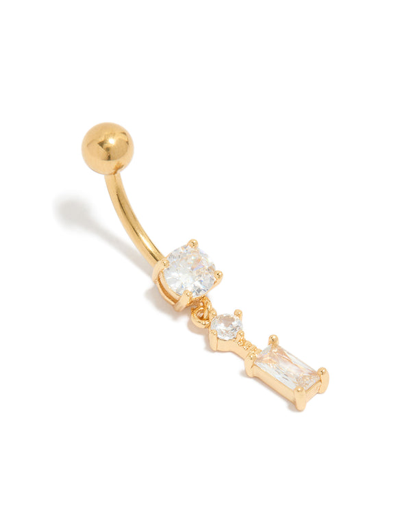 Featuring belly bar with charm crafted from cubic zirconia surgical steel gold plated front view
