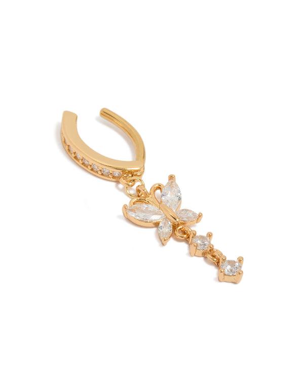 Crafted from surgical steel, this gold plated curved belly bar features a butterfly charm with cubic zirconia detail view