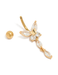 Crafted from surgical steel, this gold plated belly bar features a butterfly charm with marquise cut cubic zirconia and balls detail view - link has visual effect only