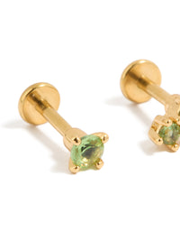 Elegant set of gold plated titanium olive green cubic zirconia flat back stud earrings close up view - link has visual effect only