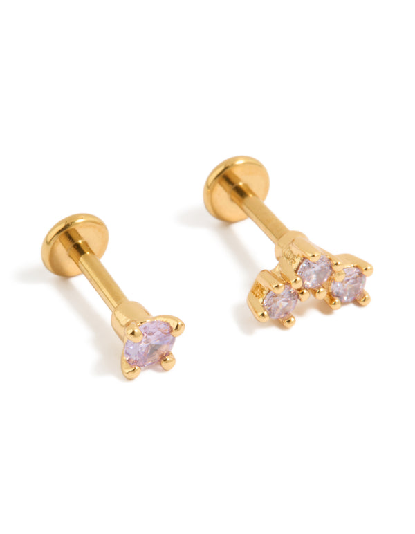 Beautifully crafted gold plated titanium lilac cubic zirconia flat back studs in lavender front view