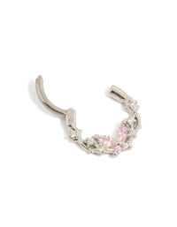 Highlighting a butterfly titanium clicker ring with pink cubic zirconia in silver, light pink, and clear detail view - link has visual effect only