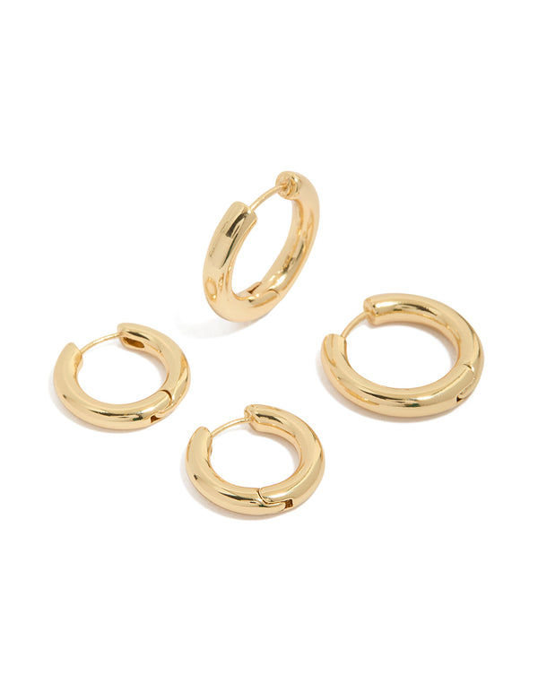 Presenting gold plated plain thin huggie earrings in a 2-pack front view