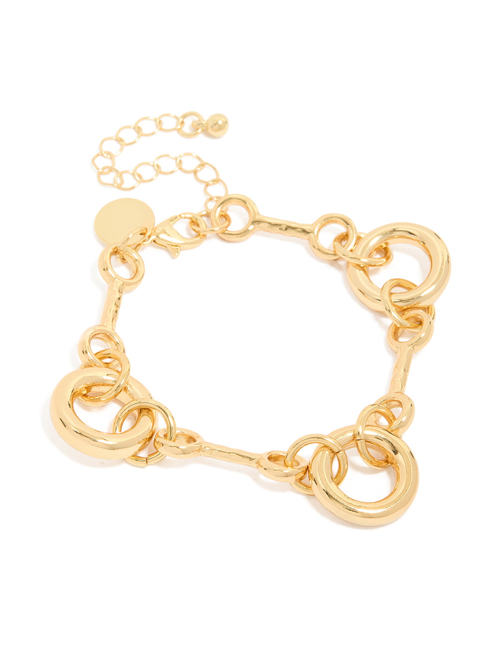 Showcasing a gold plated circle chain bracelet front view
