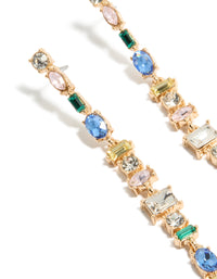 Elegant long drop earrings with statement style in gold featuring blue, green, and clear diamantes with oval stone cut in close up view - link has visual effect only
