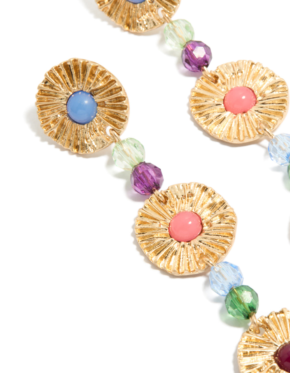 Detailed view of gold round disc and multicoloured bead drop earrings featuring statement style close up view