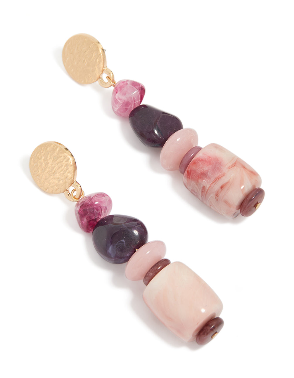 Showcasing statement drop earrings with irregular pink beads, purple accents, and stud closure in gold front view