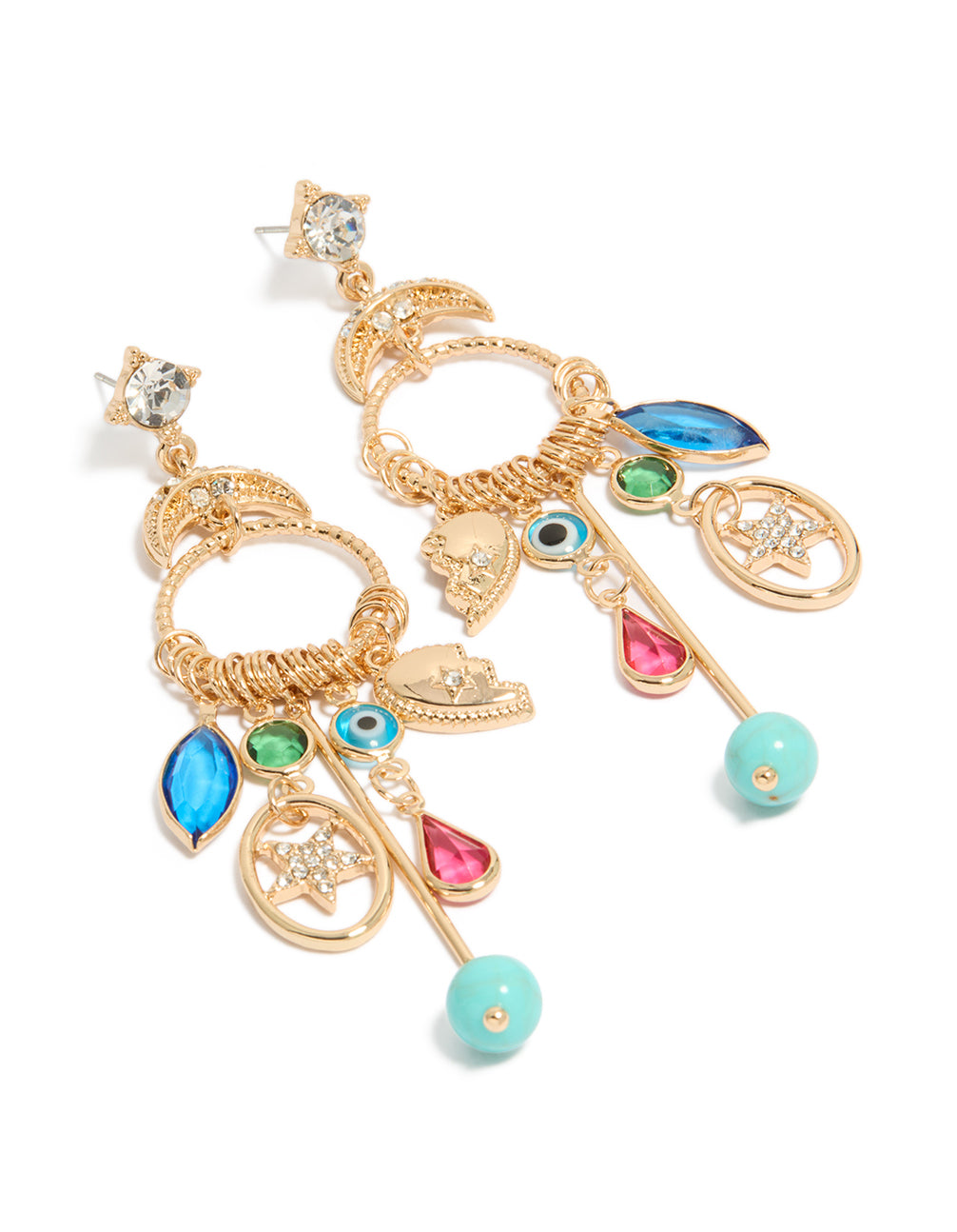 Showcasing statement gold moon and circle charm drop earrings featuring evil-eye, celestial elements, star accents, beads in turquoise, pink, and green front view