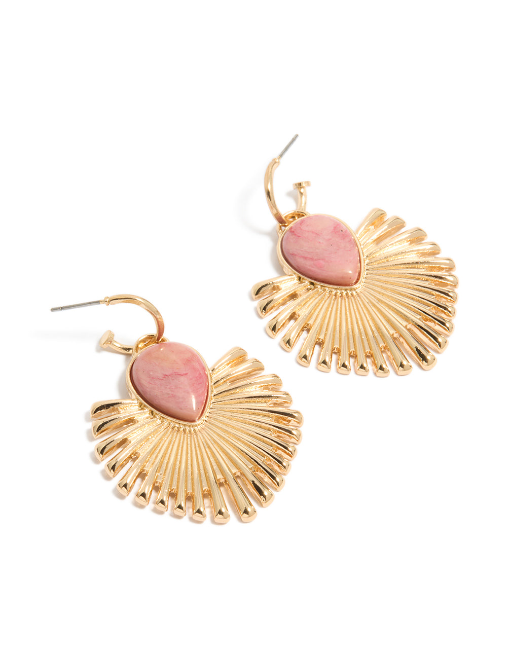 Showcasing gold pink stone fanned drop earrings with statement style front view