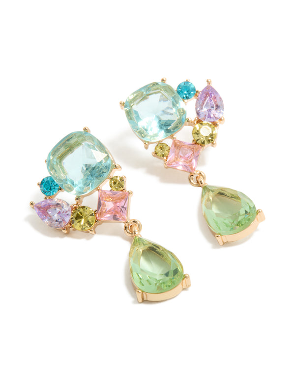 Showcasing statement drop earrings with gold finish featuring multicolored diamante cluster in aquamarine, pale green, and pink tones front view