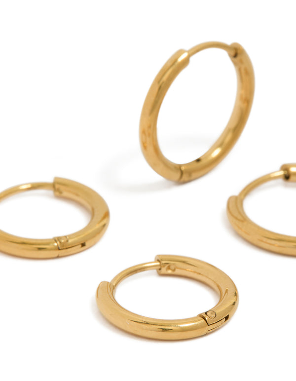Mens Waterproof Gold Plated Stainless Steel Mixed Size Huggie Earrings 2-Pack