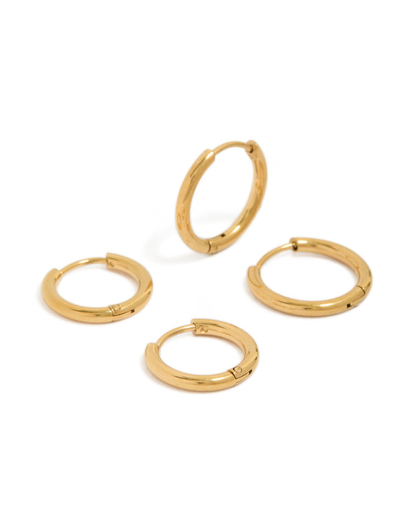 Mens Waterproof Gold Plated Stainless Steel Mixed Size Huggie Earrings 2-Pack