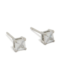 Showcasing mens waterproof mini square clear cubic zirconia stud earrings crafted from stainless steel in silver front view - link has visual effect only