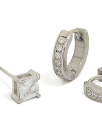 Crafted from mens waterproof stainless steel square cubic zirconia and huggie earrings in a 2-pack with crystal accents, hoop closures, and silver tone close up view - link has visual effect only