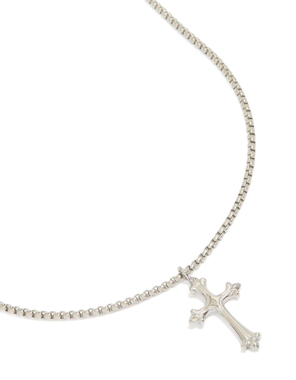 Showcasing a mens waterproof stainless steel gothic cross pendant necklace in silver close up view