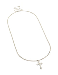 Mens waterproof stainless steel gothic cross necklace featuring pendant in silver front view - link has visual effect only
