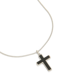 Showcasing a mens waterproof stainless steel black enamel cross necklace with pendant close up view - link has visual effect only