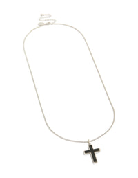Featuring a mens waterproof stainless steel black enamel cross necklace with pendant front view - link has visual effect only
