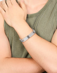 Featuring a mens waterproof stainless steel large link chain bracelet with bar detail in silver on wrist view - link has visual effect only