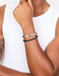 Mens Waterproof Stainless Steel Black PU Leather & Cord Detail Bracelet - link has visual effect only