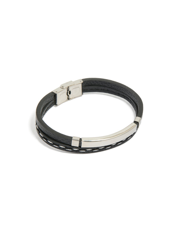 Mens Waterproof Stainless Steel Black PU Leather & Cord Detail Bracelet