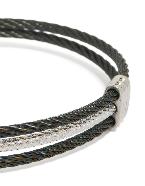 Mens Waterproof Stainless Steel Black & Silver Wire Twisted Wrist Cuff