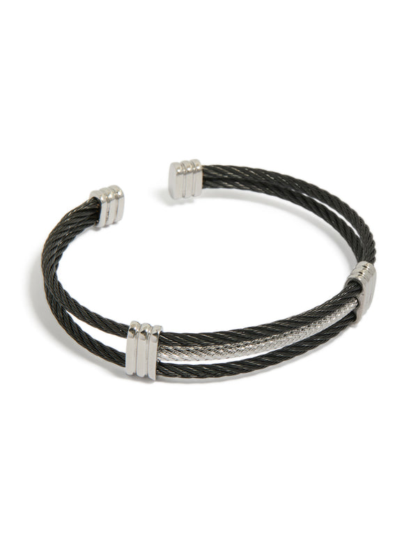 Mens Waterproof Stainless Steel Black & Silver Wire Twisted Wrist Cuff