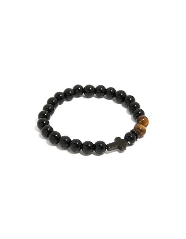 Introducing a mens waterproof black coated stainless steel beaded bracelet featuring cross with tigers eye front view
