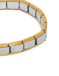 Showcasing a mens waterproof mixed plated stainless steel stretch link chain bracelet in gold and silver close up view - link has visual effect only