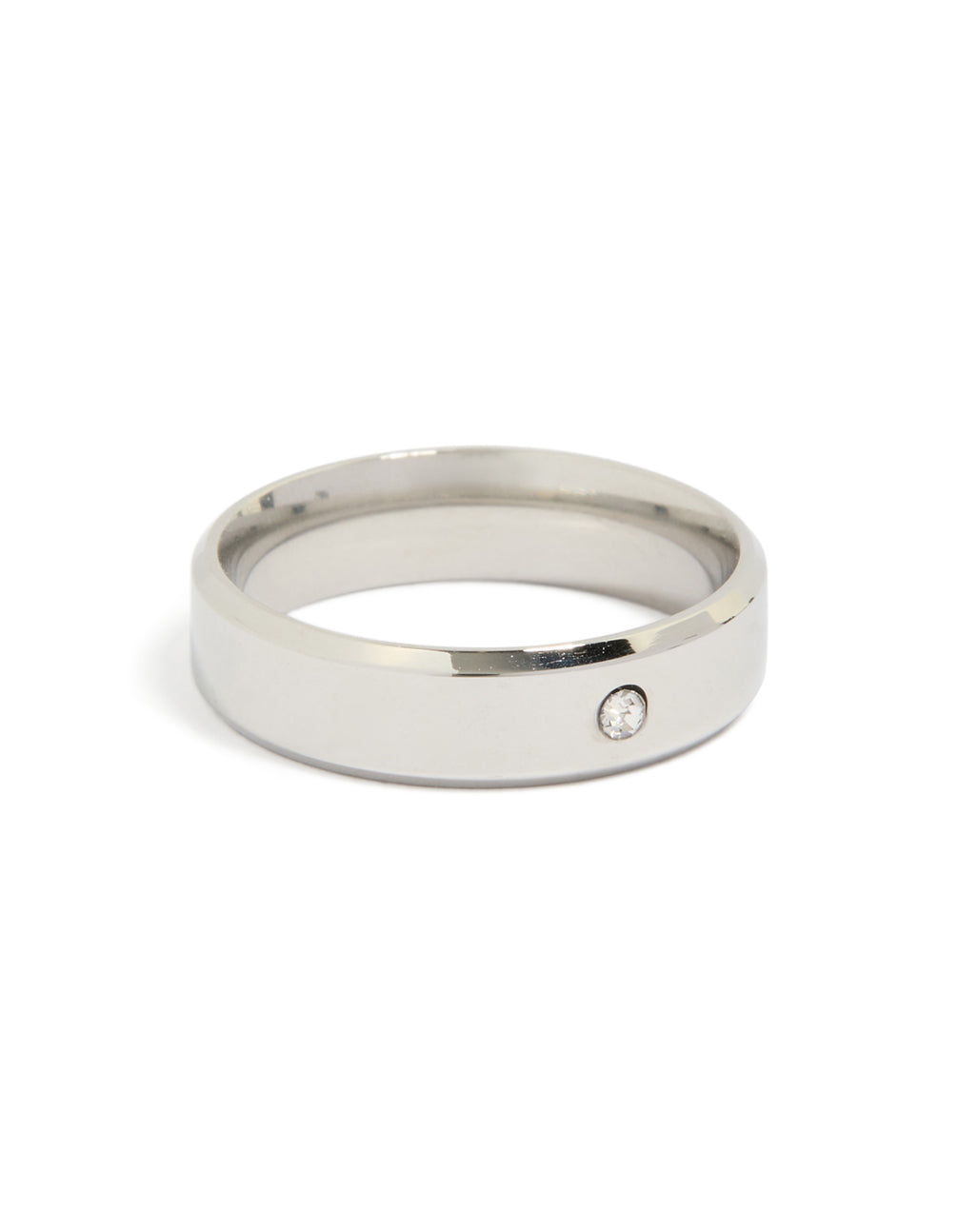 Showcasing a waterproof stainless steel smooth solitaire cubic zirconia band ring with crystal in silver and clear front view