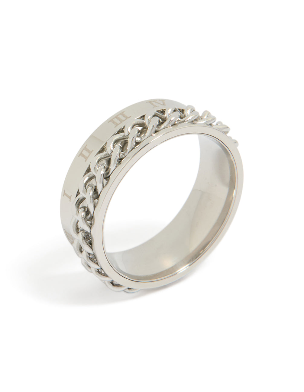 Featuring a mens waterproof stainless steel chain ring with roman numeral detail in silver side detail view