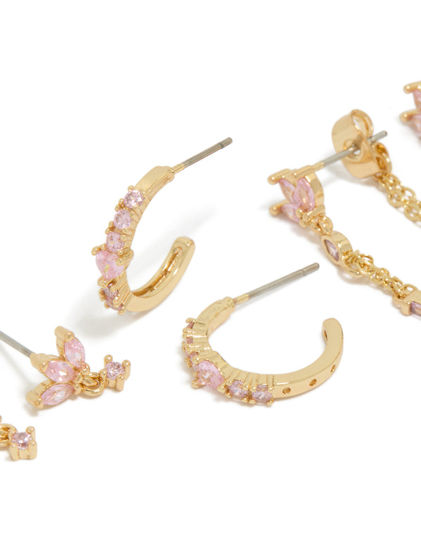 Gold Plated Light Pink Cubic Zirconia Stacker Earrings 4-Pack