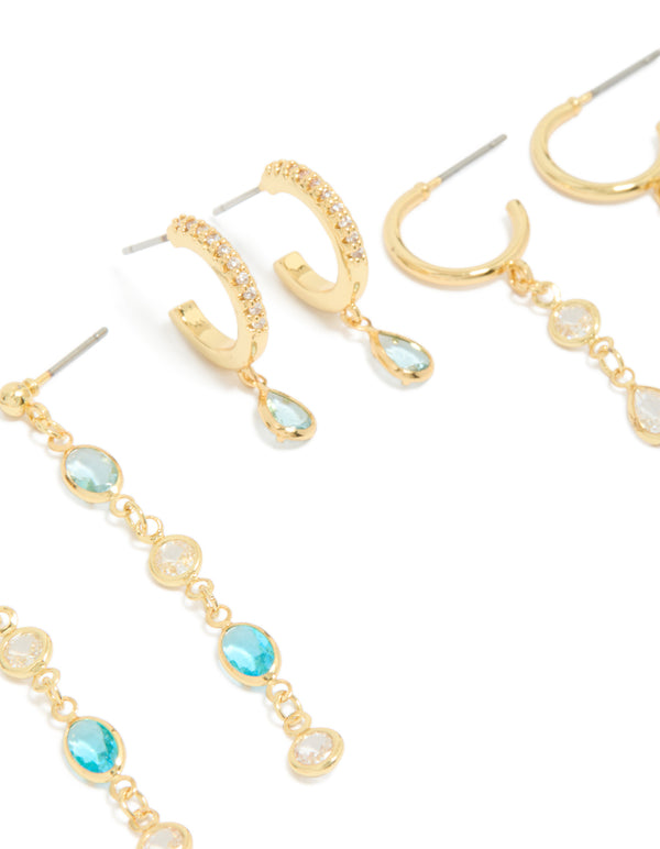 Gold Plated Blue & Clear Cubic Zirconia Stacking Earrings 4-Pack