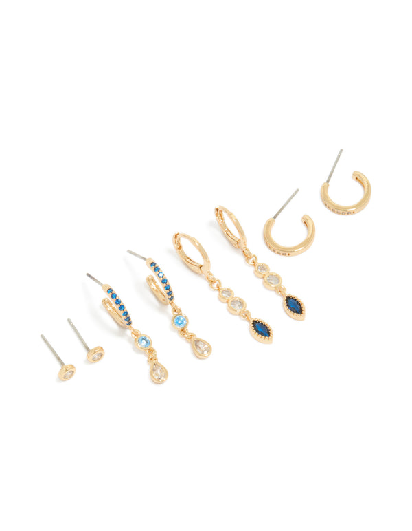 Gold Plated Bezel Dark Blue Cubic Zirconia Marquise Stacking Earrings 4-Pack