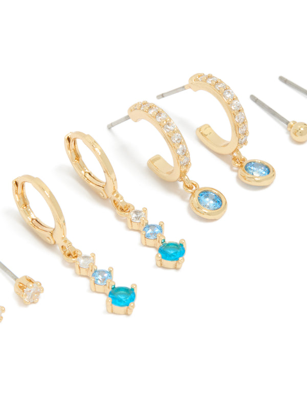 Gold Plated Clear & Light Blue Cubic Zirconia Stacker Earrings 4-Pack