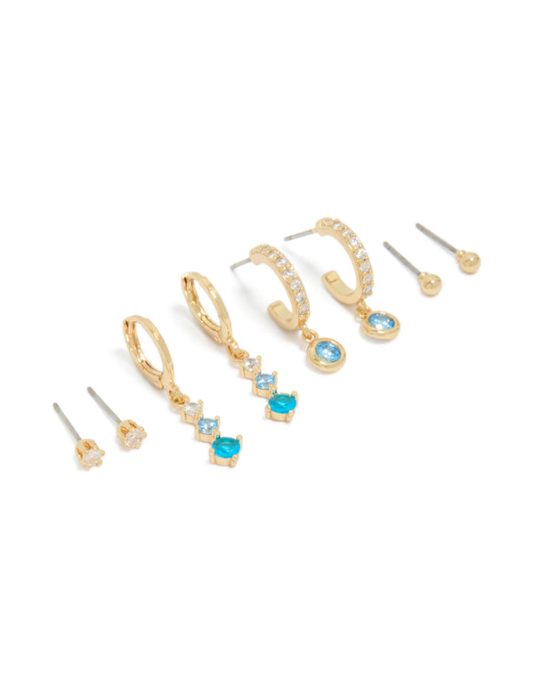 Gold Plated Clear & Light Blue Cubic Zirconia Stacker Earrings 4-Pack