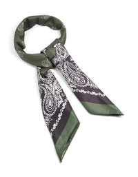 Showcasing an olive green deco paisley fabric scarf with white accents front view - link has visual effect only