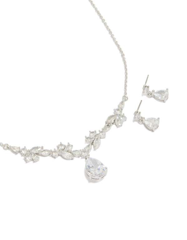 Silver Cubic Zirconia Dainty Necklace & Earrings Set