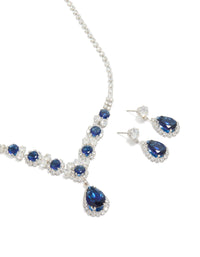 Silver Clear & Dark Blue Cubic Zirconia Necklace & Earrings Set - link has visual effect only