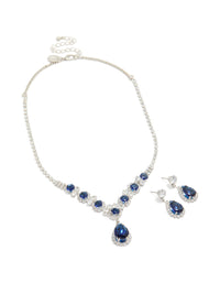 Silver Clear & Dark Blue Cubic Zirconia Necklace & Earrings Set - link has visual effect only