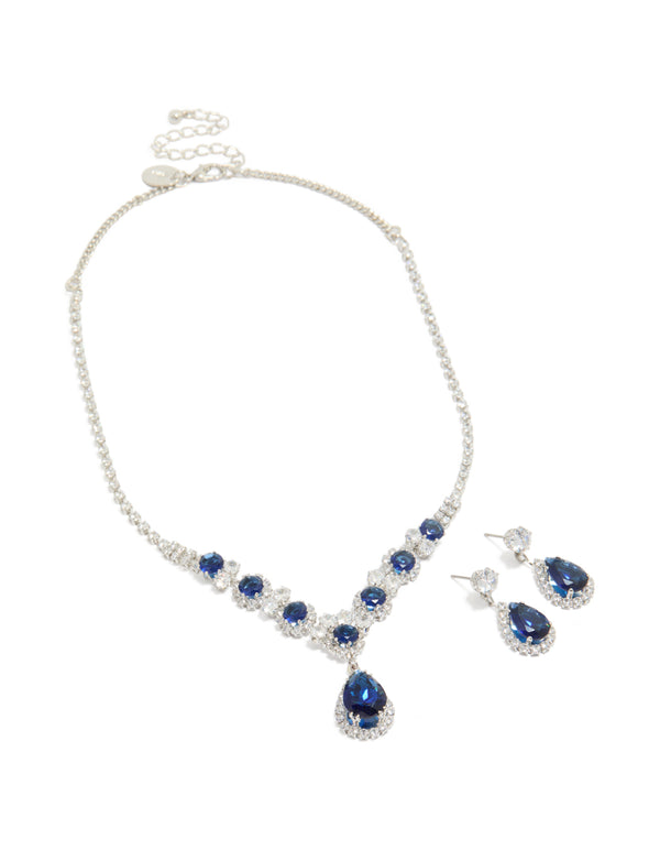 Silver Clear & Dark Blue Cubic Zirconia Necklace & Earrings Set
