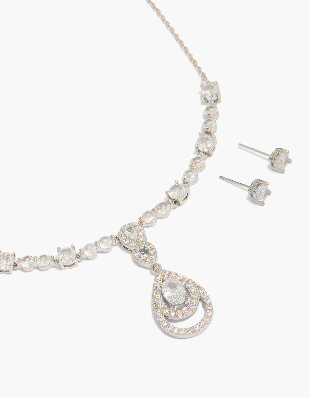Silver Cubic Zirconia Pear Pendant Necklace & Circle Earrings Set