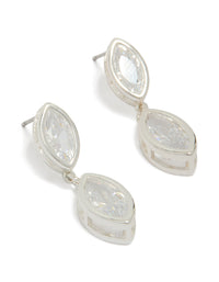 Showcasing silver plated cubic zirconia double oval bezel drop earrings with clear stones in front view - link has visual effect only