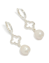 Elegant silver plated pave clover pearl drop earrings featuring floral detail front view - link has visual effect only
